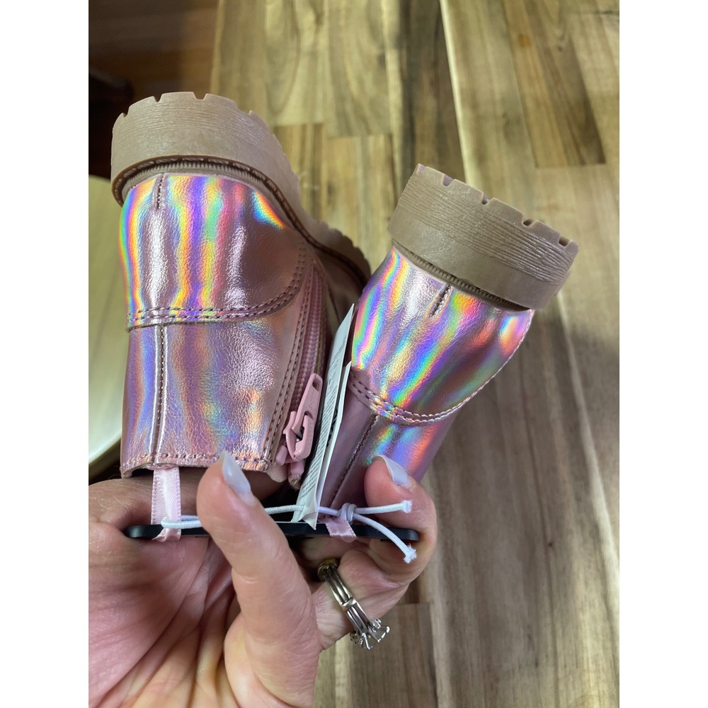 Old Navy Kids Pink Iridescent Holographic Lace Up Side Zip Combat Boots Size 6 - Picture 11 of 12